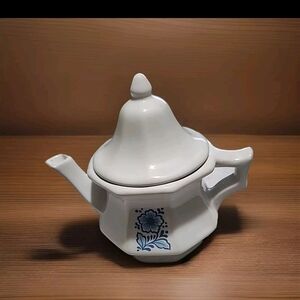 Teapot Candle Holder White With Blue Flower  Hexagon Shape Dome Lid Collectable